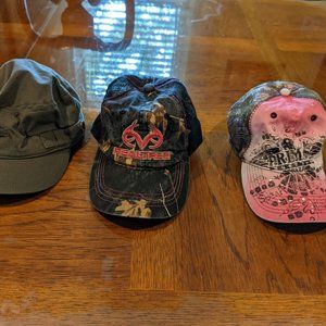 Three (3) Women's caps: Primos Hunting, Realtree, Army cap